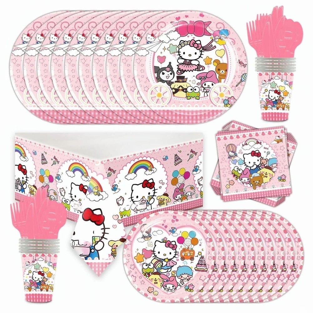 🎀✨ Hello Kitty Party Tableware Set with Glitter Cake Topper – Serves 10 ✨🎀