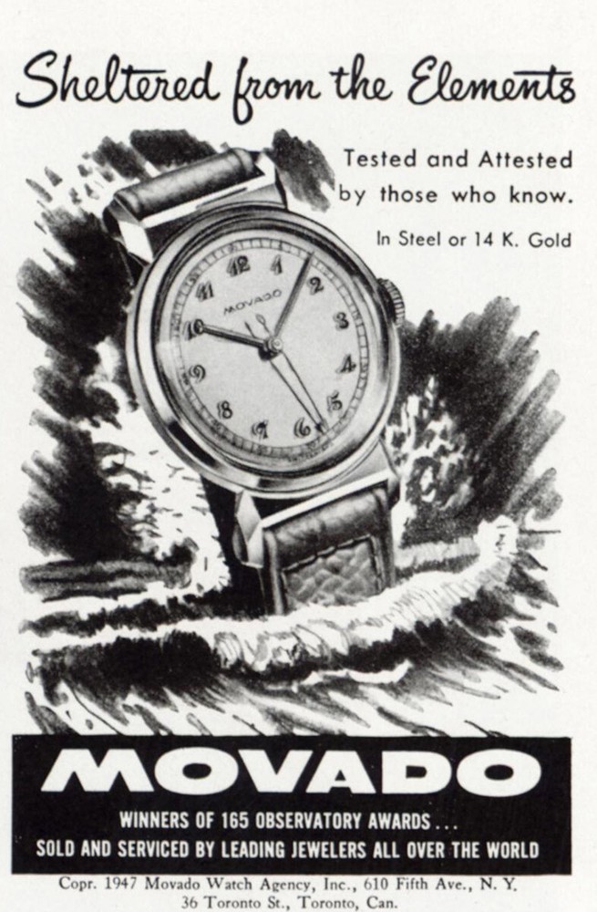 1947 Movado: Sheltered From the Elements Vintage Print Ad