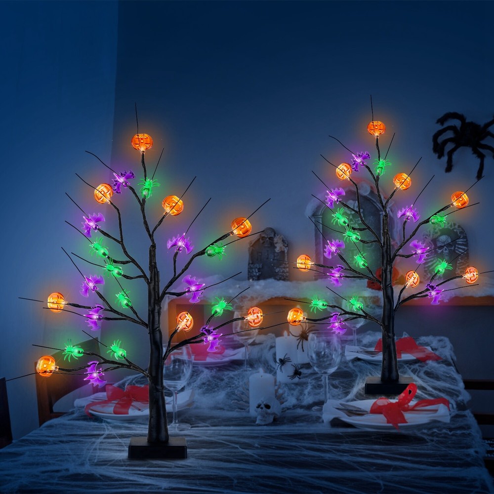 2PACK 2FT Lighted Halloween Tree with Pumpkins Bats Spiders Shaped LED Lights