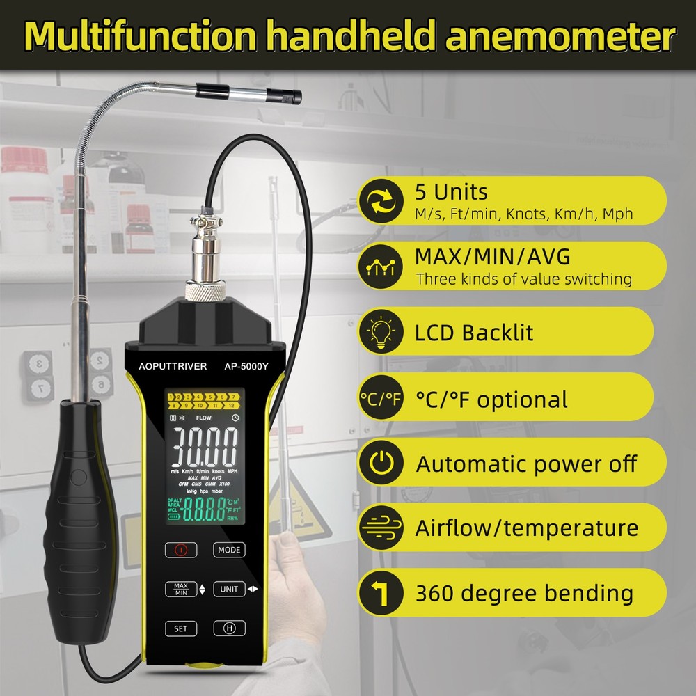 CFM/CMM/CMS Thermo-anemometer Wind Speed Air Volume Meter & Temperature Testing