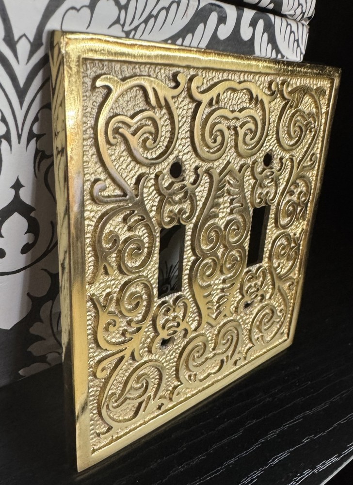 Vintage Brass DOUBLE Toggle Plate Light Switch COVER Scrolled Raised Design
