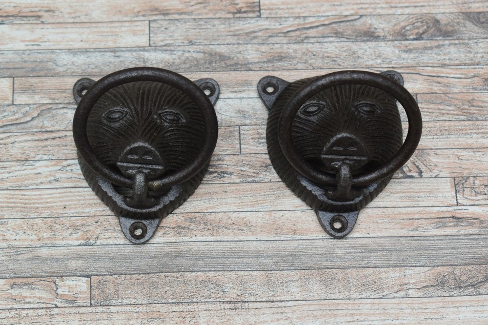 2p Vtg Cast Iron Panda Bear Door Gate Cabinet Cupboard Pull Drop Handle Knocker