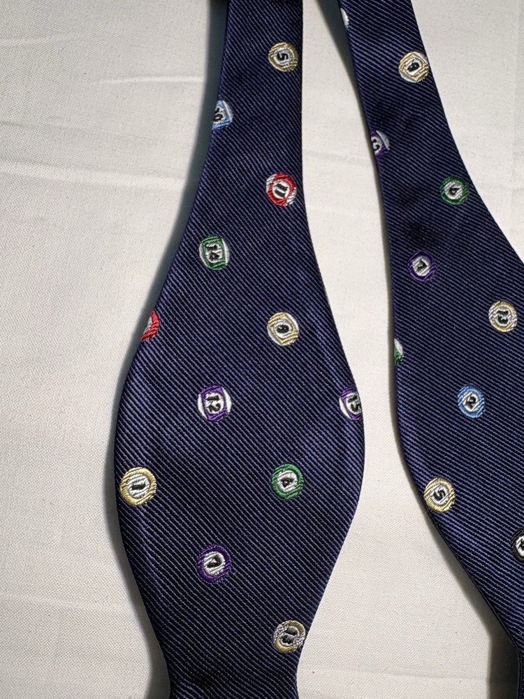 Rooster Bowtie Navy Blue Repp Pool Ball Pattern 100% Silk Self Tie, NWT
