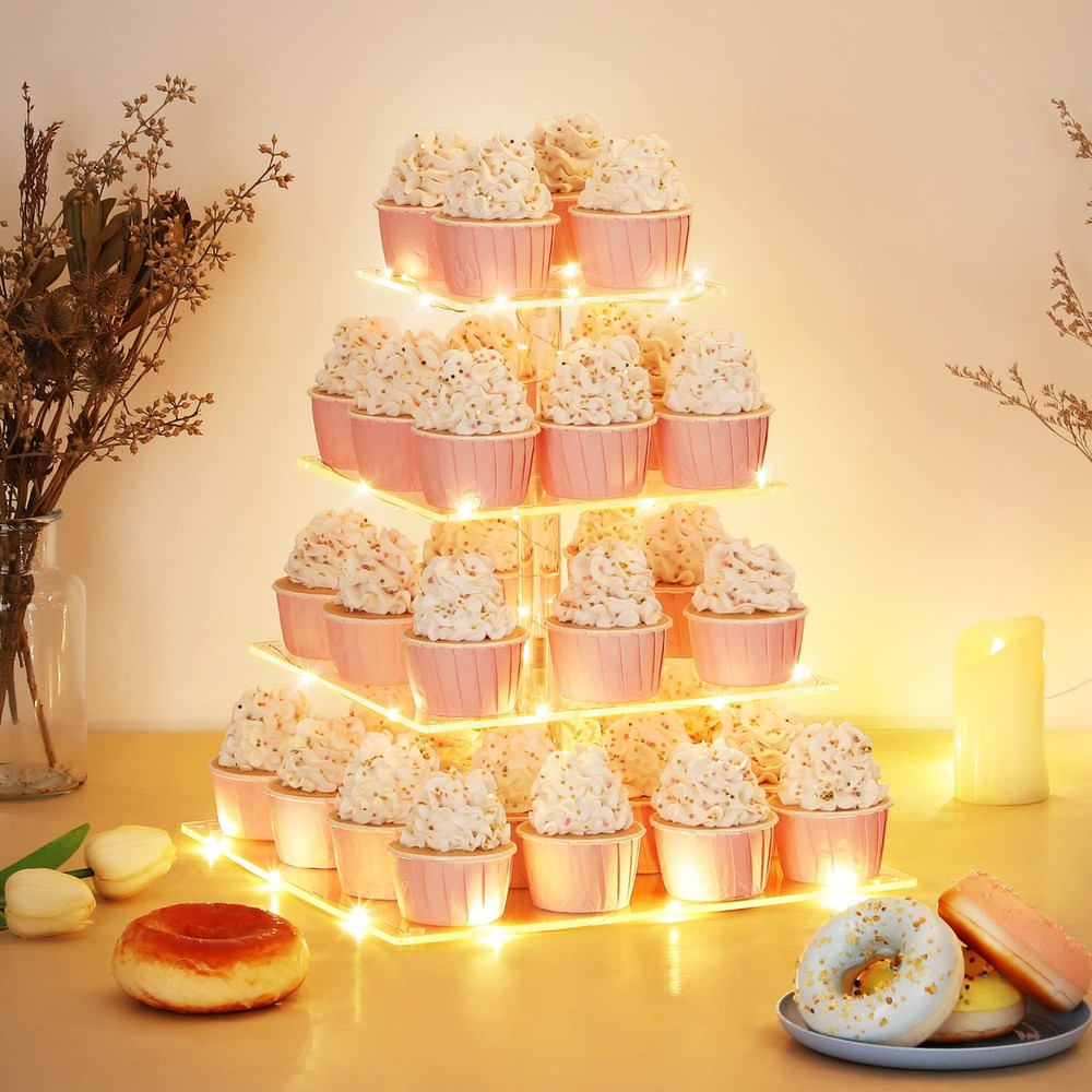 4-Tier Acrylic Cupcake Display Stand with LED String Light for Wedding Birthday