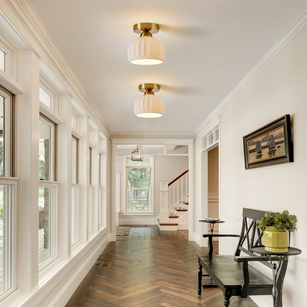 2-Pack Semi Flush Mount Ceiling Light - Ceramic Hallway Light Fixtures,Gold C...