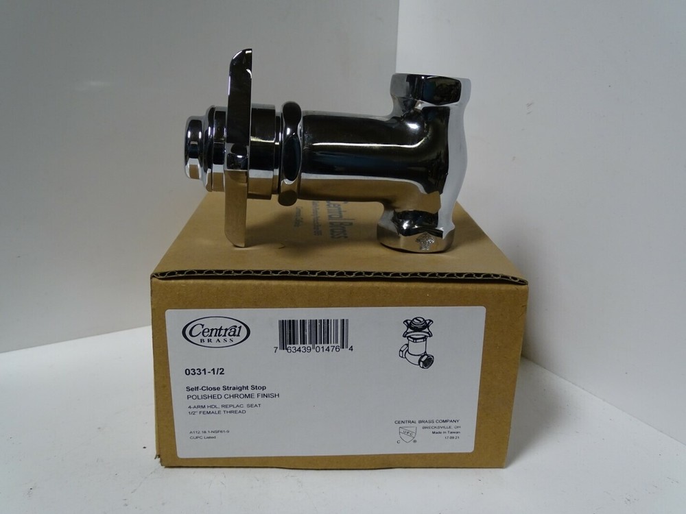 Central Brass Self-Close Straight Stop 1/2" Thread, 0331-1/2