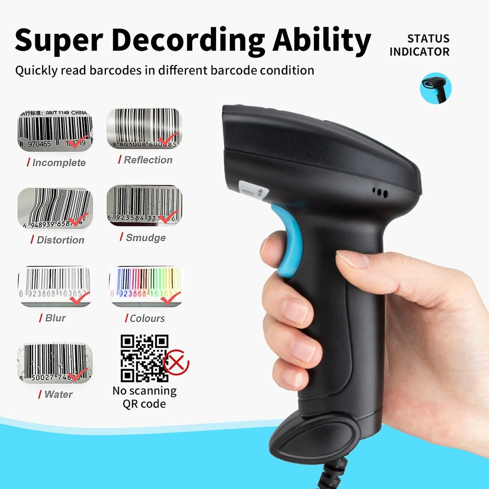 JIAN BOLAND Barcode Scanner USB 1D Wired CCD Barcode Reader Supports Screen Scan