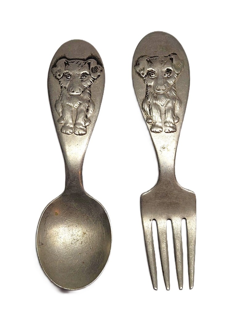 Vintage WINTHROP Silverplate Child's Nursery Flatware Set-Embossed Puppy Dogs