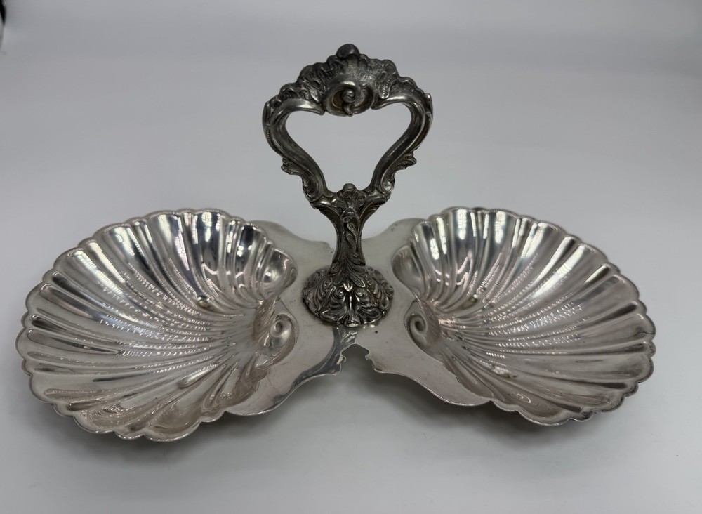 Vtg Crescent Silver Co Plated Double Clam Shell Serving Dish Trinket Tray Footed