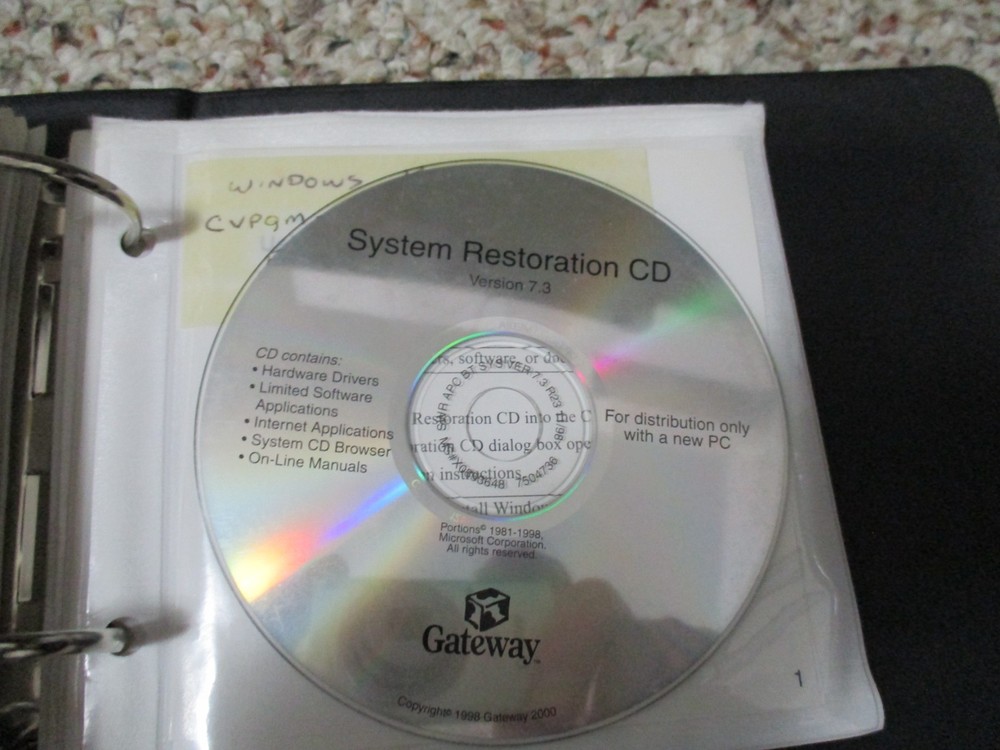Gateway Software Storage Binder, games, utilities, system restore disk with key