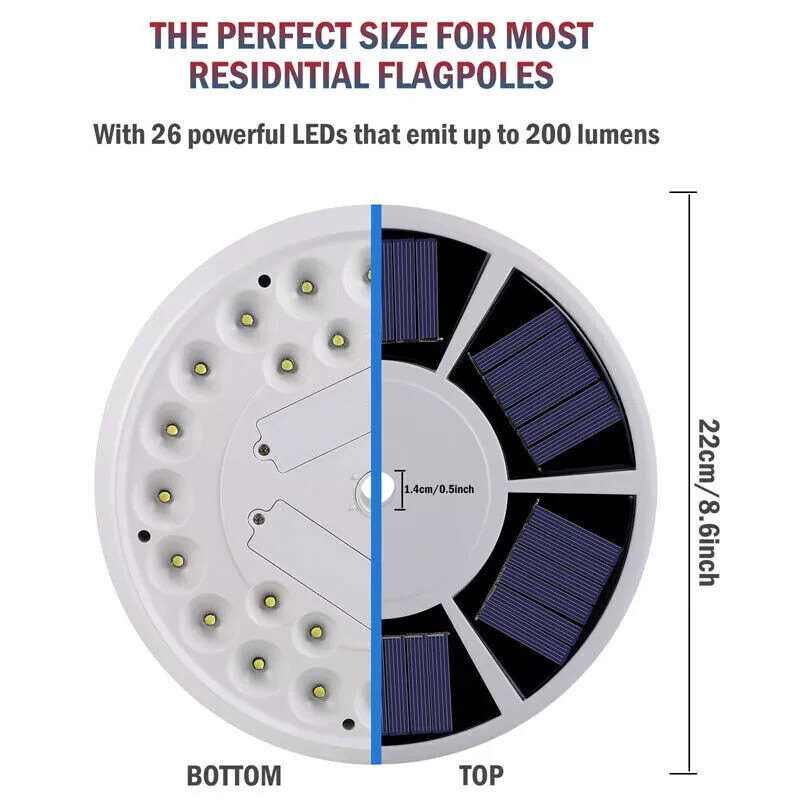 Solar Powered Flag Pole Light 26 LED Auto Active Super Bright Outdoor Waterproof