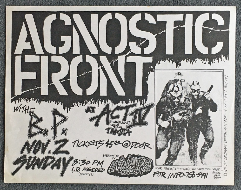 1986 Flyer Agnostic Front B.P. Jannus Landing St Petersburg Punk Rock BP