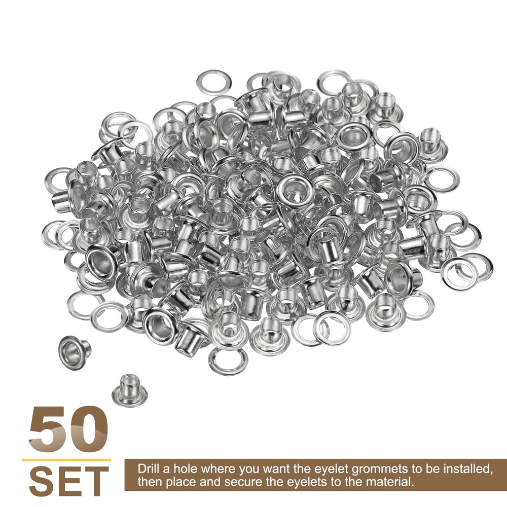 50Set Grommets Eyelets Kit 3mm Brass Eyelets with Washers Silver