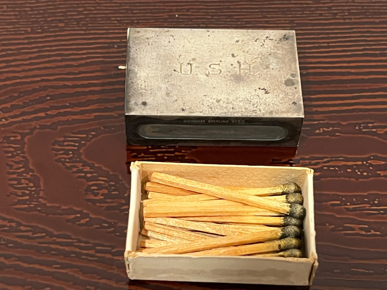 ANTIQUE GORHAM STERLING 5130 MATCH BOX HOLDER With Box & Matches -Has Monogram