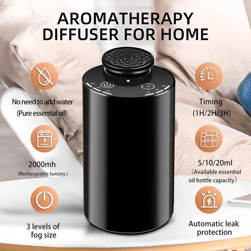 Waterless Essential Oil Diffuser - Cordless Portable Aromatherapy Scent Black
