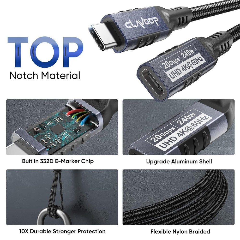 USB C Extension Cable 3Ft, USBC Extender 20Gbps Data Transfer/240W Charge/4K@60H