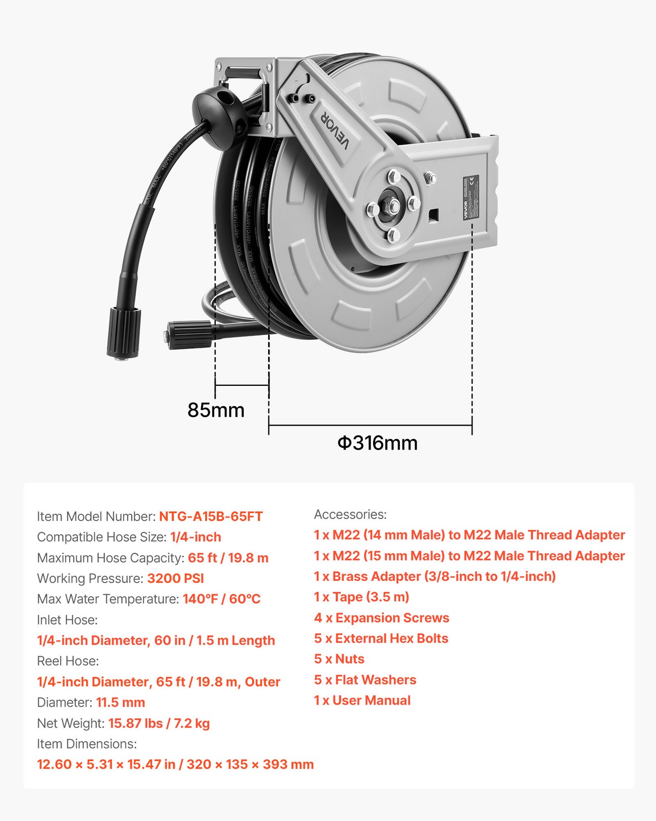 VEVOR Pressure Washer Hose Reel 65ft x 1/4in Retractable 3200PSI Auto-Rewinding