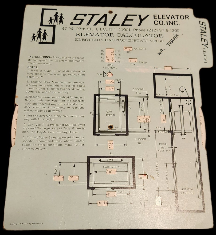 Vintage Staley Elevator Co., Inc Elevator Calculator Please read description