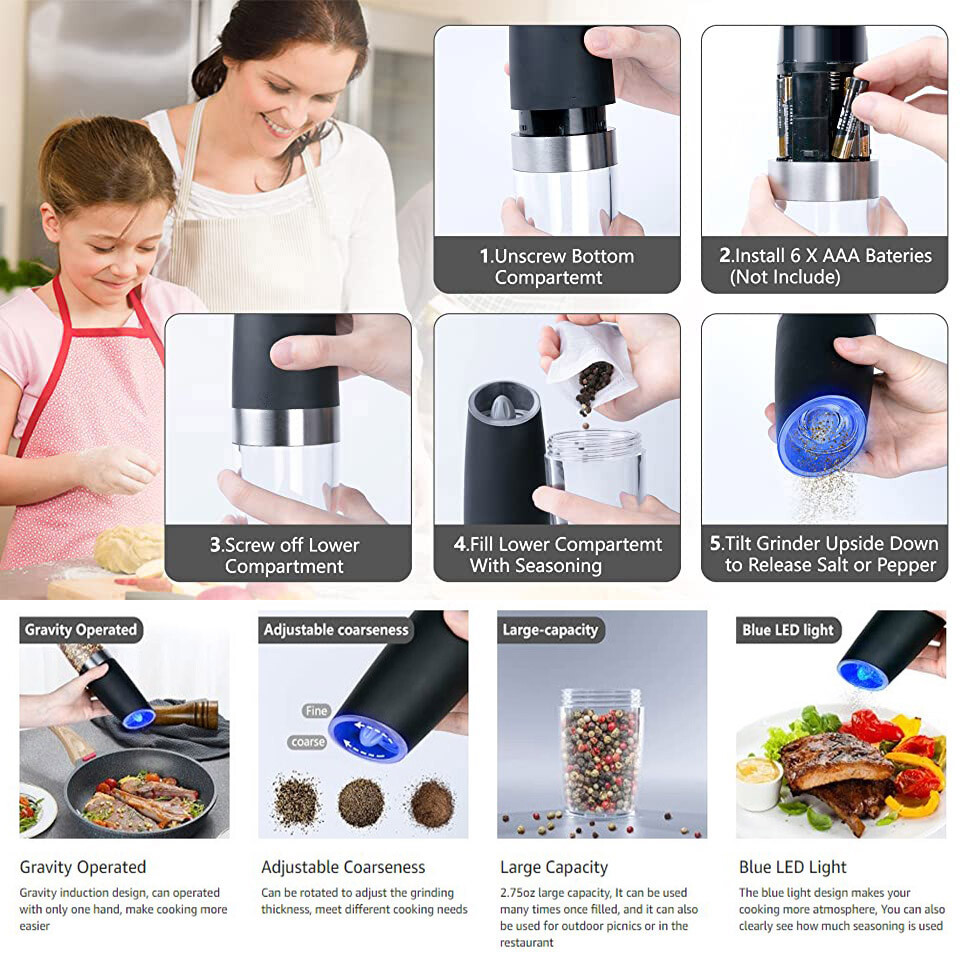 Electric Salt And Pepper Grinder Powered Gravity Sensor Mill Adjustable 2 PCS