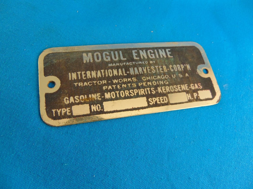 IHC Mogul Engine Brass Data Plate Repro Unstamped Antique Engine