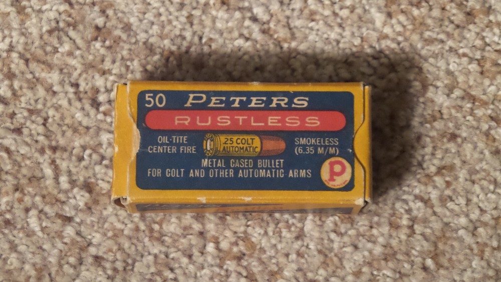 Vintage Peters Rustless .25 Colt Automatic Center Fire Ammo Shell Box Empty