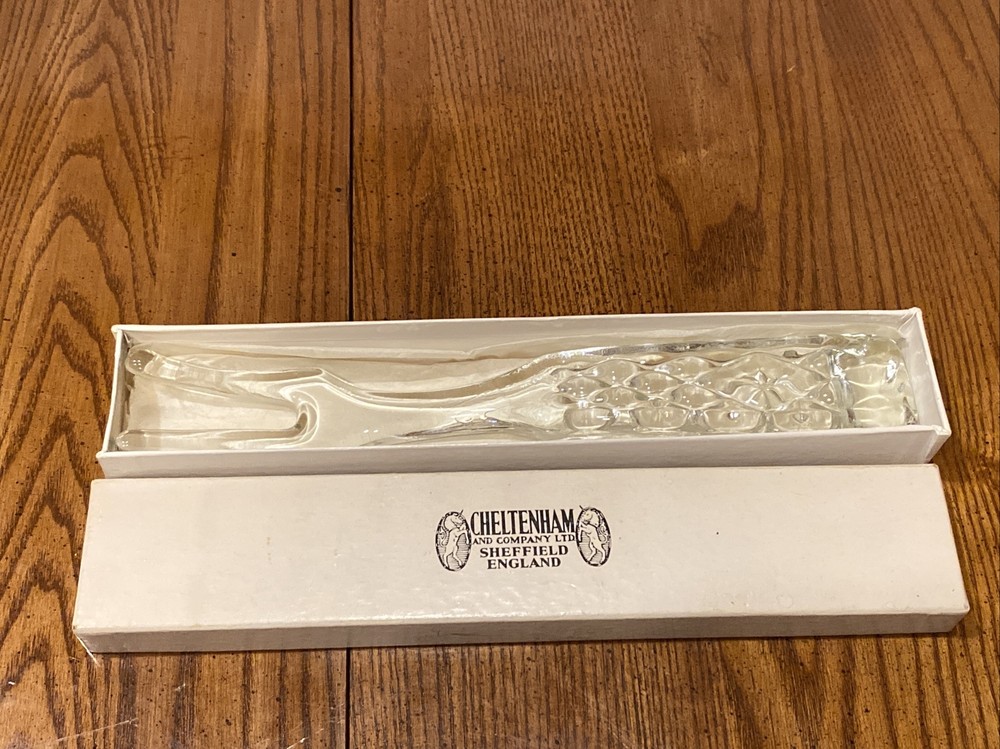 Vtg CHELTENHAM Glass 9.5" Serving Fork Embossed Diamond Pattern Handle In Box