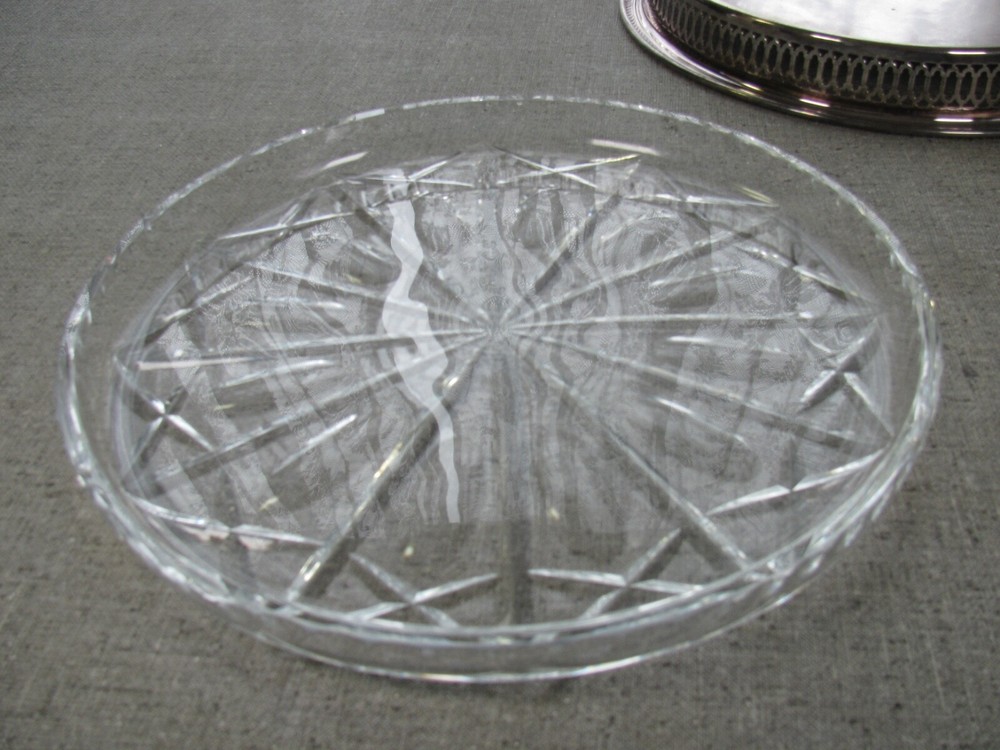 Vtg WM ROGERS Silverplate Etched 12 1/4" Platter Tray & Crystal Platter Insert