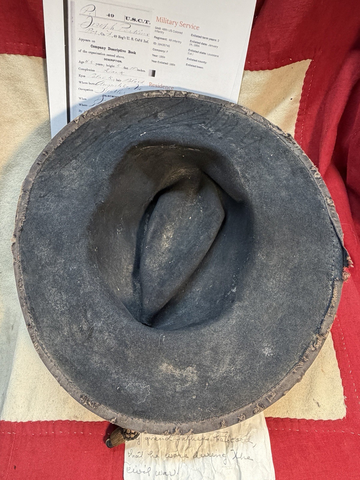 ID’D JOSEPH PERKINS CIVIL WAR 49TH COLORED TROOPS SLOUCH HAT CAP KEPI WITH PROV.