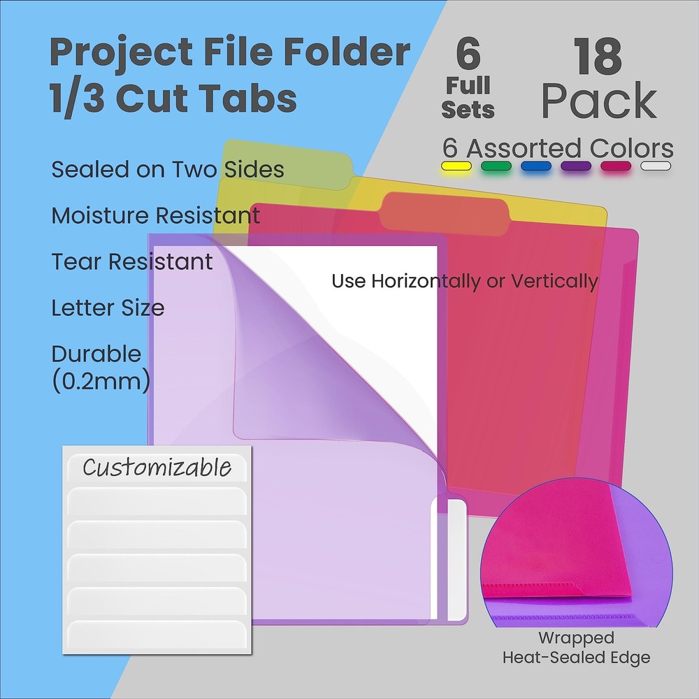 Poly Project Document Pockets 1/3 Cut Tabs Letter Size Translucent 18 Pack