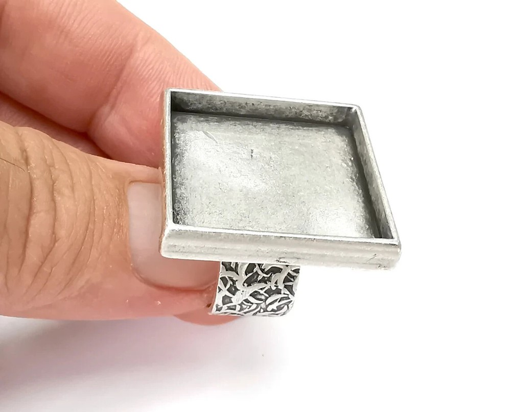 Square Antique Silver Ring Blank Settings, Cabochon Mounting Adjustable Resin