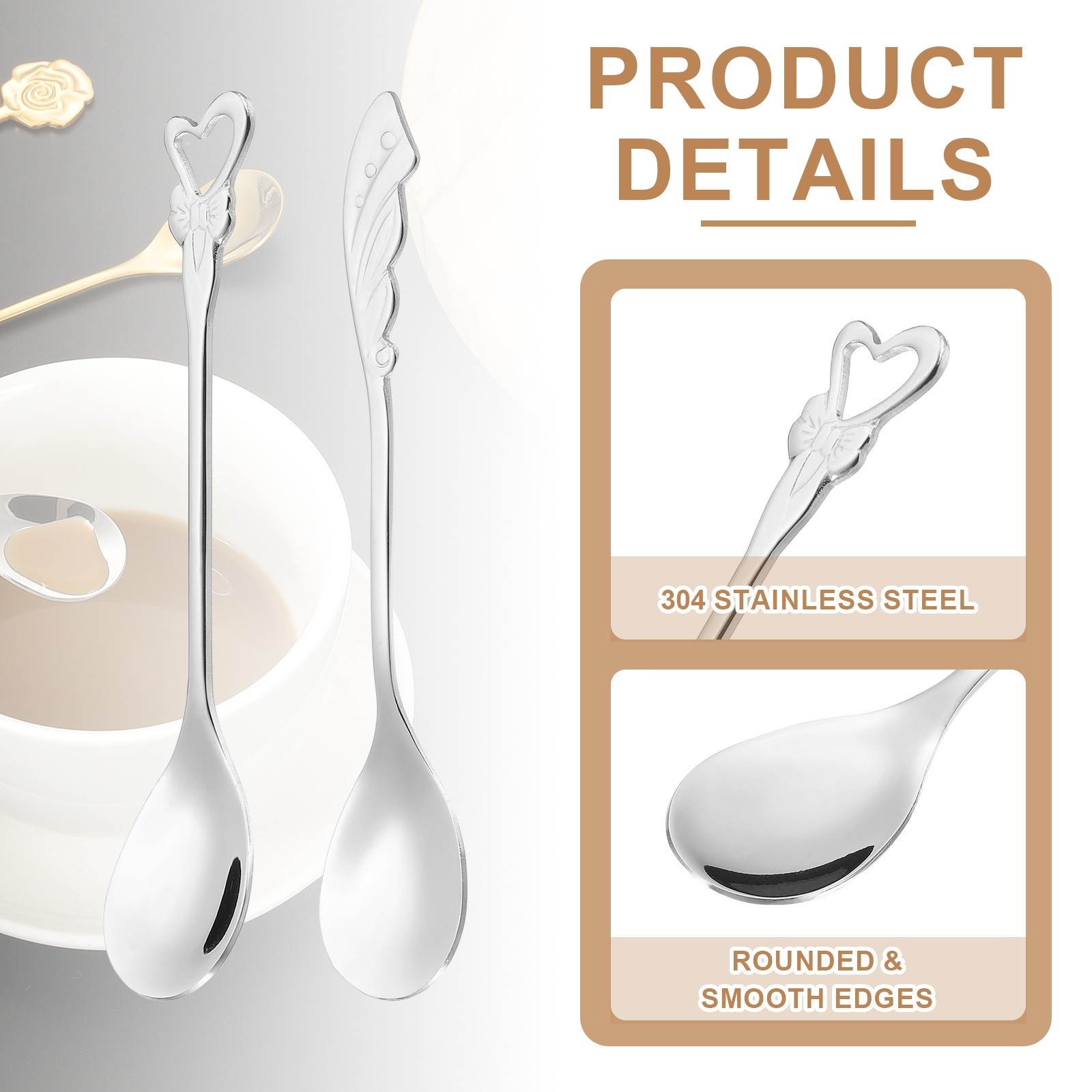 4pcs Coffee Spoons, Heart/Wings Tea Spoons Stainless Steel, Silver