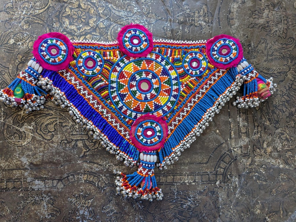 Kuchi Textile Vintage Tribal Colorfully Beaded Triangular Patch  (20137)