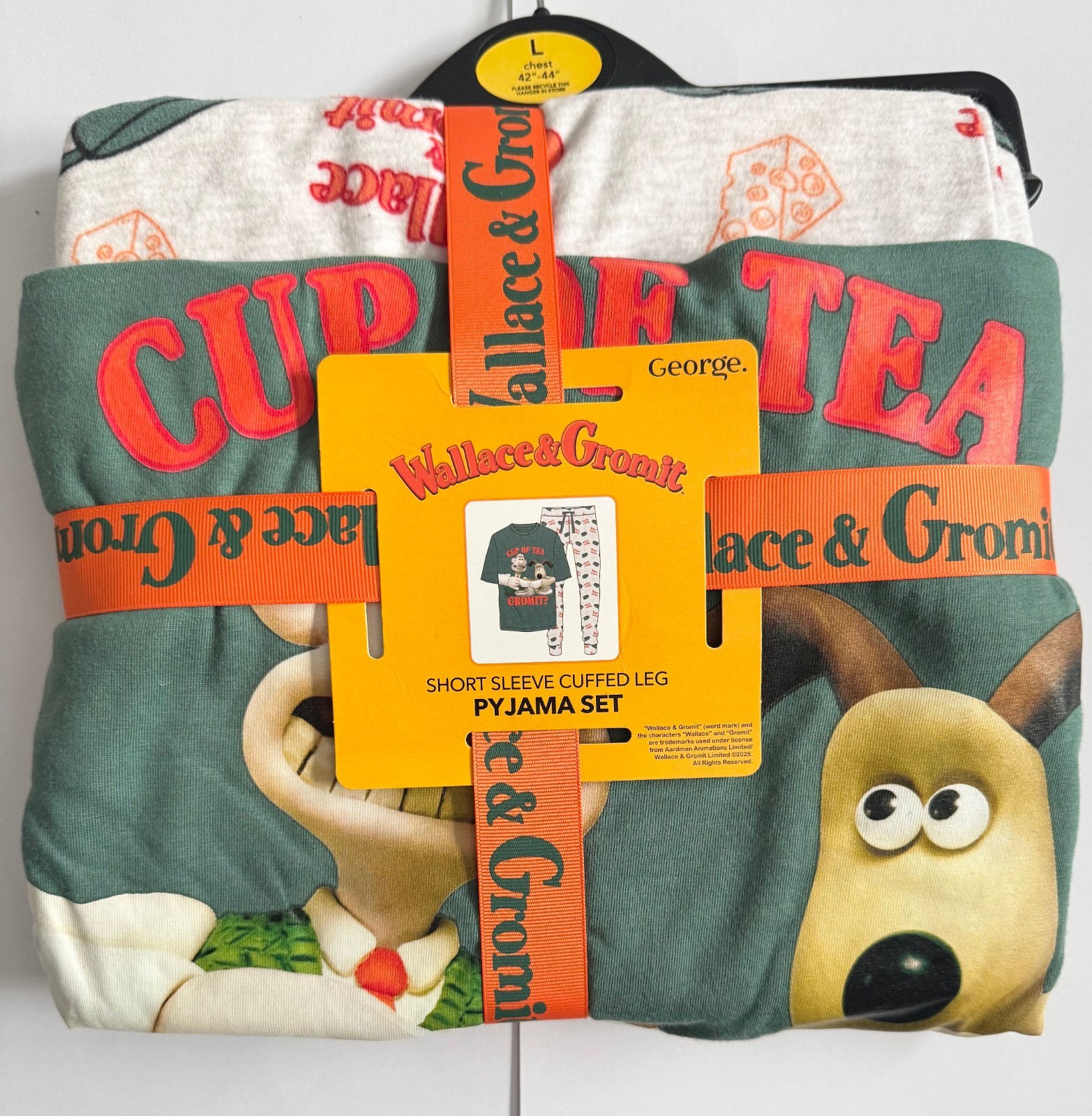 Wallace & Gromit Pyjamas LARGE Mens George Tea Cheese W&G Pj Set Bottoms Shirt