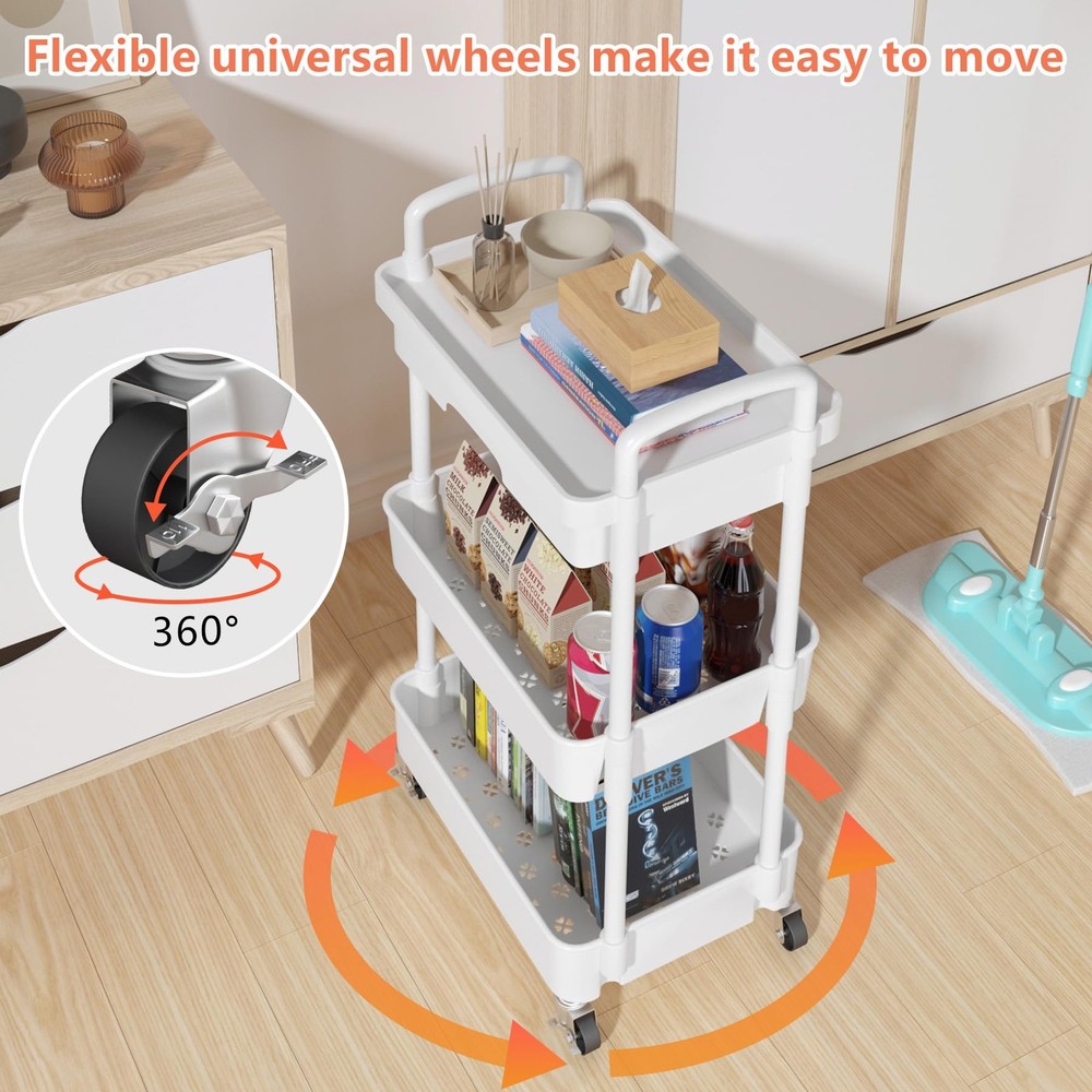 3-Tier Rolling Utility Cart with Drawer,Multifunctional Storage Organizer wit...