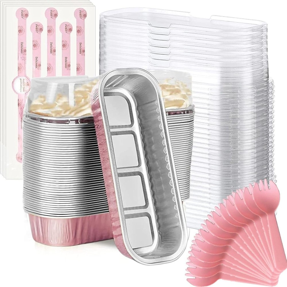 50 Pack Mini Loaf Baking Pans with Lids & Spoons - Aluminum Containers