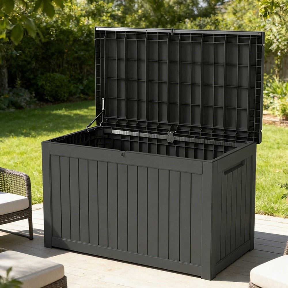 230 Gallon Large Resin Deck Box Extra Bench Seating Easy Assembly Lockable BLACK