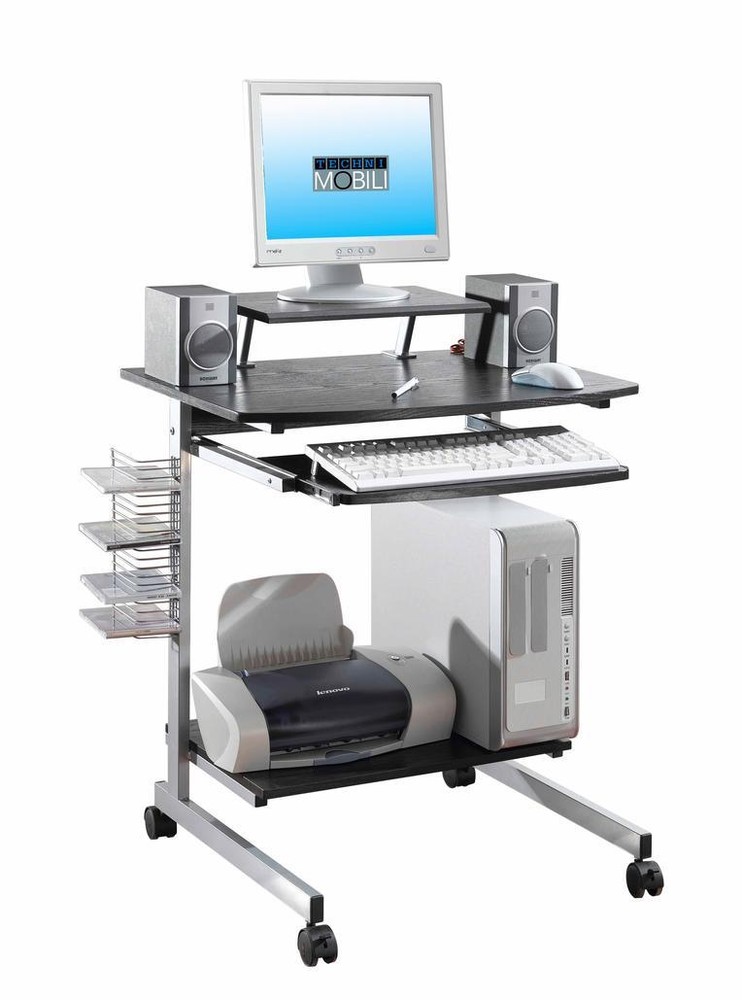 Compact Mobile Computer Desk with a Pullout Keyboard Tray and Shelf in Espresso