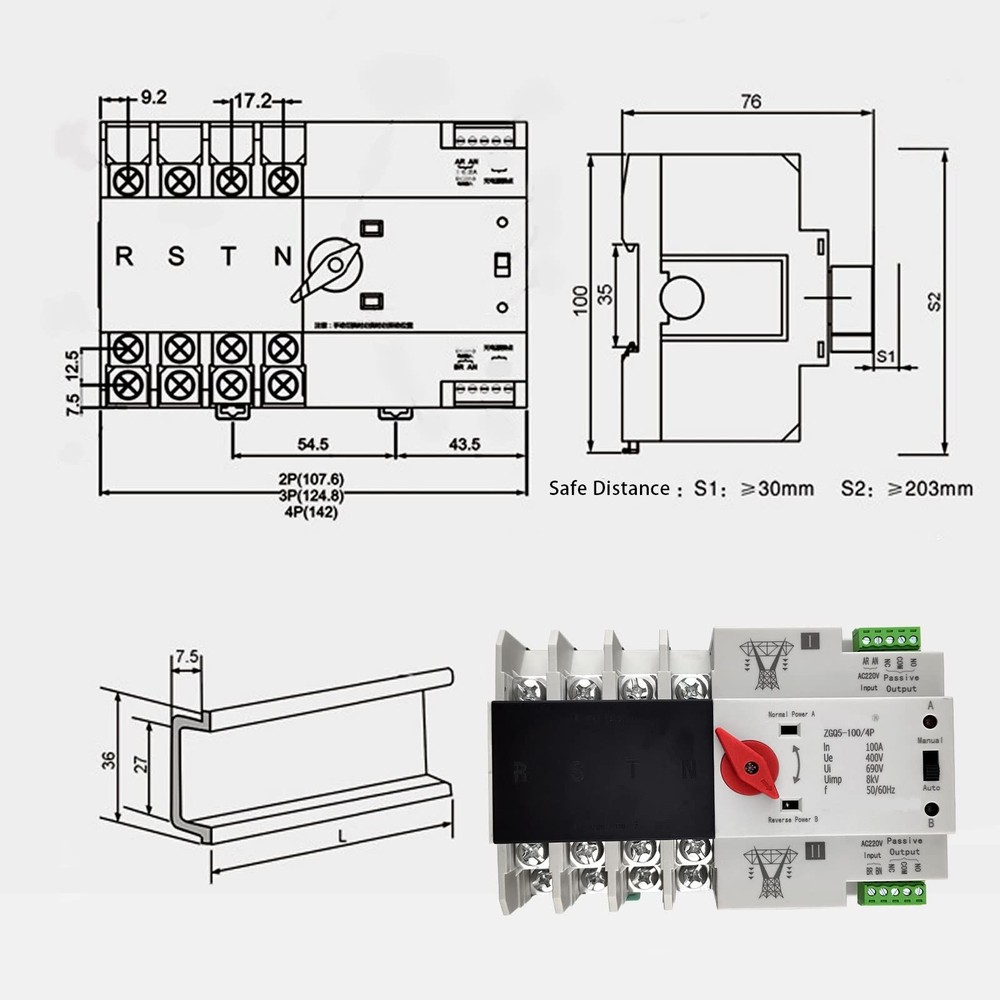 Dual Power Automatic Transfer Switch 4P 100A 220V Electronic Changeover