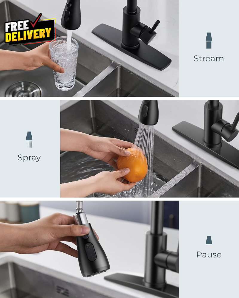 Black Kitchen Faucet Pull Down Sprayer High Arc Single Handle 1/3 Hole