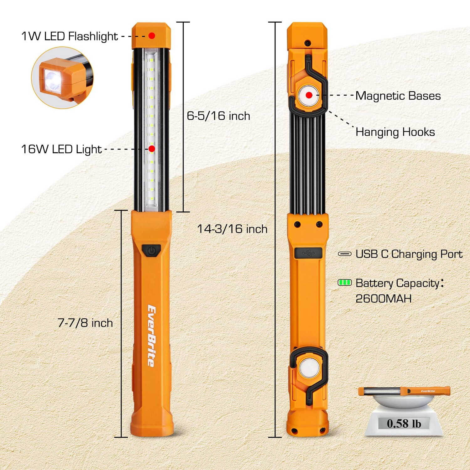 EverBrite 2-Pack 1000LM LED Work Light with 4 Lighting Modes for Car Repair