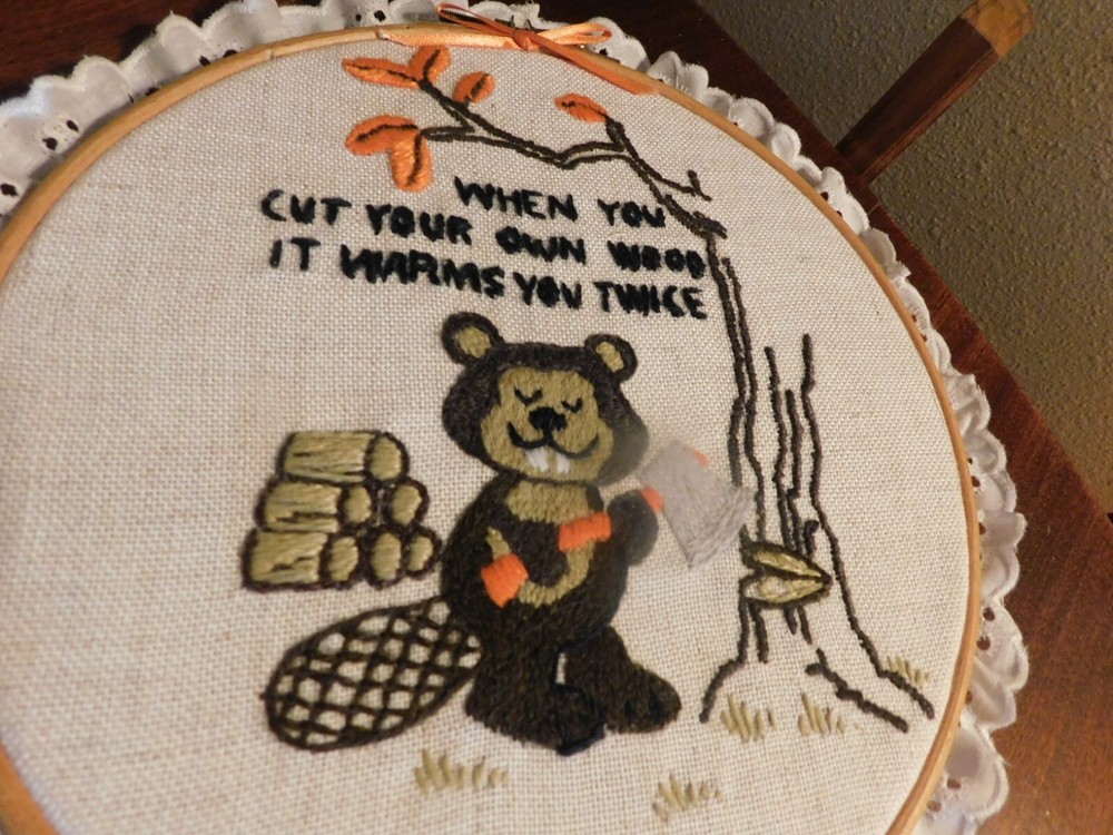 Beaver Crewel Embroidery Panel Vintage Handmade