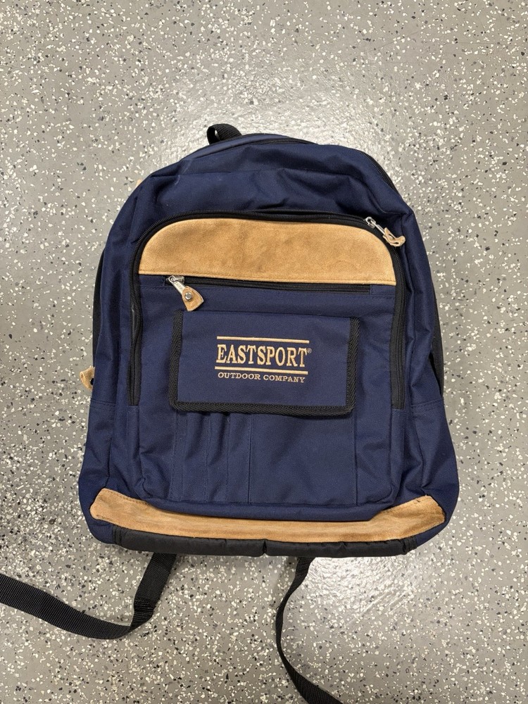 Eastsport Fabric & Suede Navy Blue & Tan Daypack Backpack, Multiple Compartments