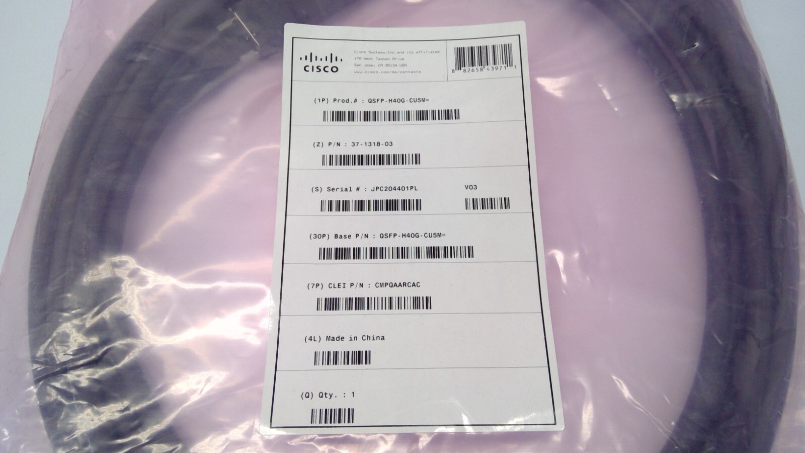 CISCO QSFP-H40G-CU5M 40GBASE-CR4 QSFP Passive Direct Copper Cable 5M 37-1318-03