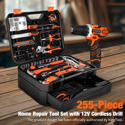 255-Piece Tool Set - Kit with 12V Cordless Drill Driver, Toolbox Orange