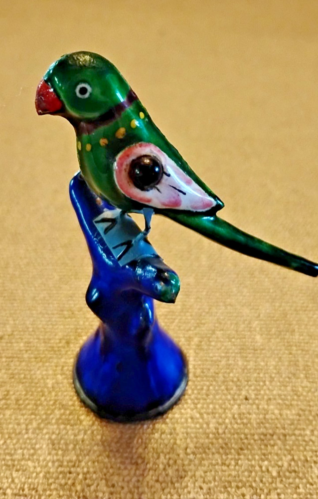 ENAMELLED SILVER MINI PARROTS GREEN & COBALT GEM ACCENT