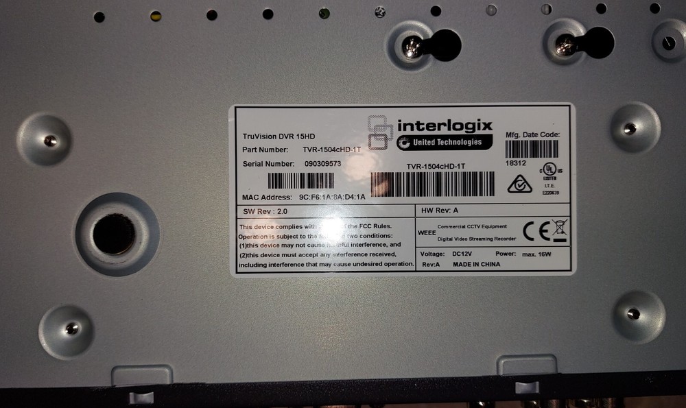 GE Security Model No. TruVision DVR 15cHD