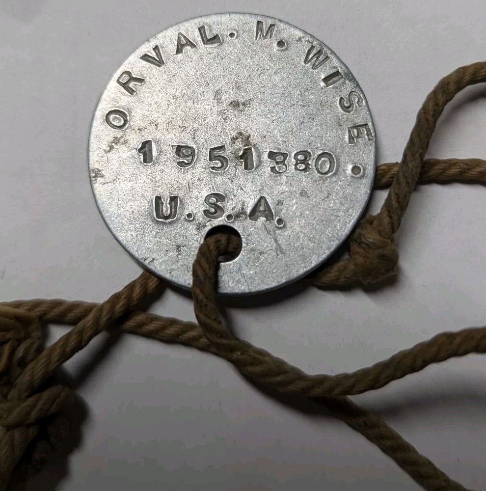 WW1 US Army Dog Tag on String - Orval M Wise 1951380 U.S.A.