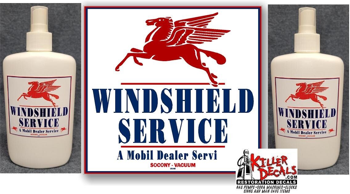 (MOBIL KIT) 9" MOBIL SOCONY DECAL & 2 BOTTLES WINDSHIELD BOX KIT GAS OIL