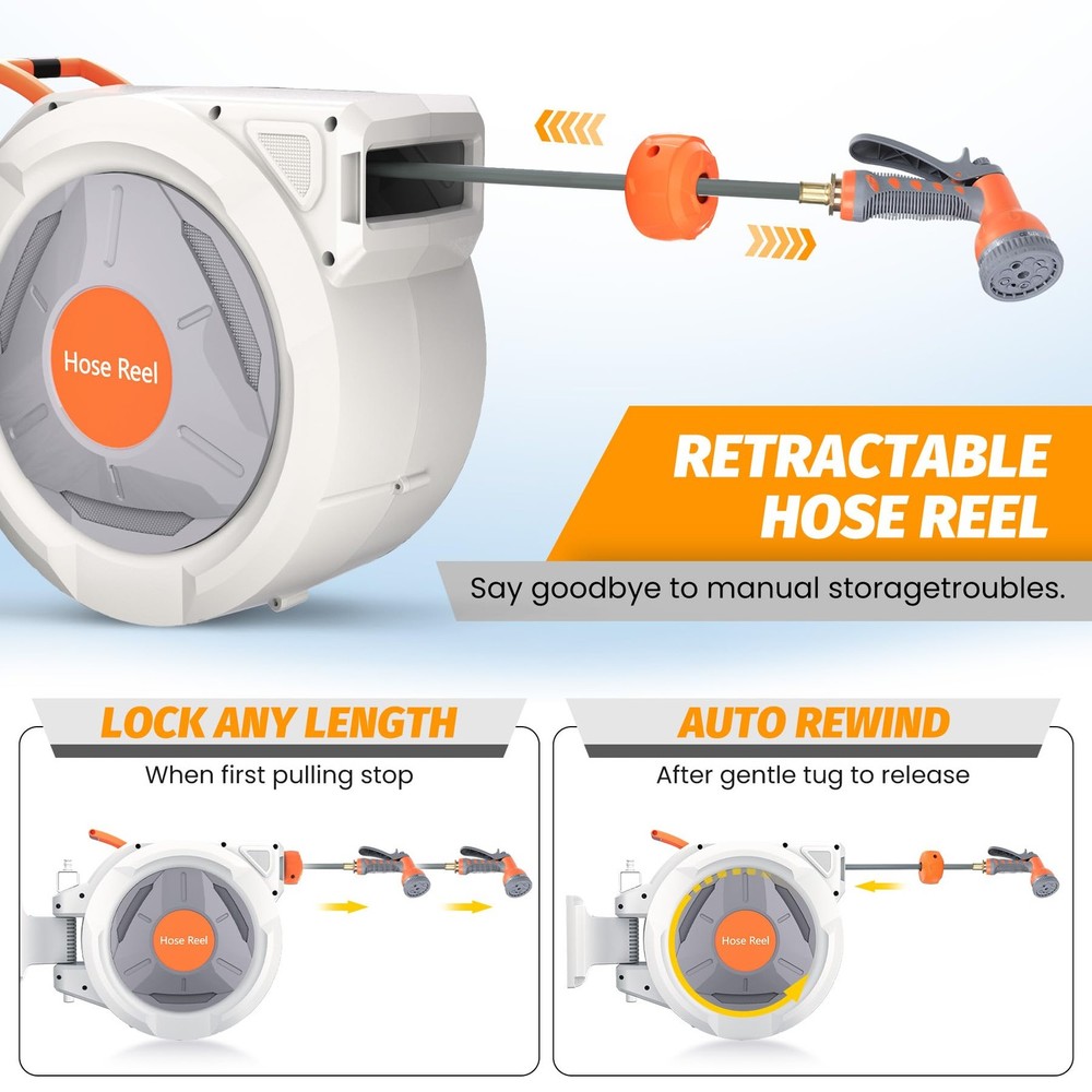 Retractable Hose Reel 5/8 x 65ft 9 Function Nozzle Auto Rewind Wall Mount Swivel