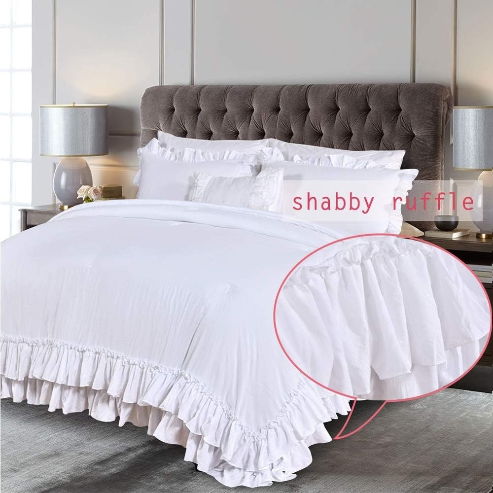 Masaca White Ruffled Shabby Comforter Set King,Boho Chic King,